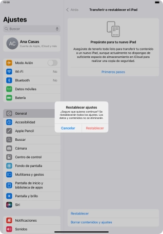 Pulsa Restablecer. Espera unos instantes mientras la tablet restablece la configuración predeterminada. Sigue las indicaciones de la pantalla para configurar la tablet y dejarla lista para su uso. Pulsa Restablecer. Espera unos instantes mientras la tablet restablece la configuración predeterminada. Sigue las indicaciones de la pantalla para configurar la tablet y dejarla lista para su uso.