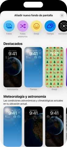 Pulsa una categoría y sigue las indicaciones de la pantalla para seleccionar la imagen de fondo deseada. Pulsa una categoría y sigue las indicaciones de la pantalla para seleccionar la imagen de fondo deseada.