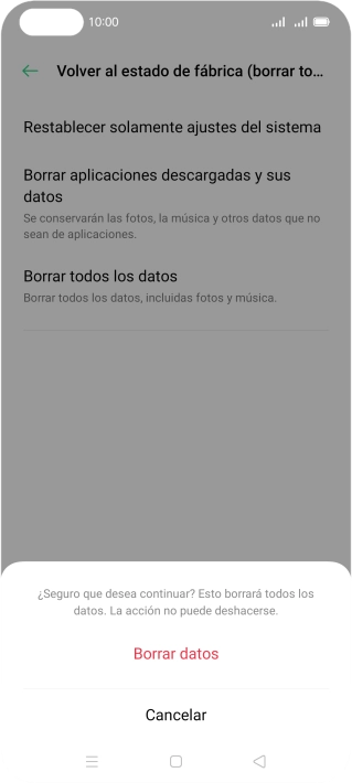 Pulsa Borrar datos. Espera unos instantes mientras el teléfono restablece la configuración predeterminada. Sigue las indicaciones de la pantalla para configurar el teléfono y dejarlo listo para su uso.