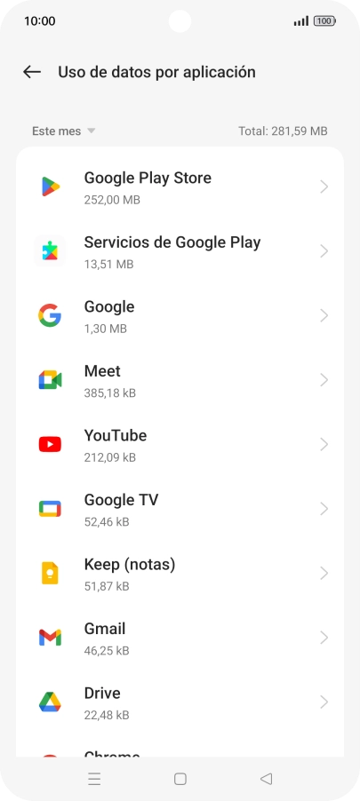 El consumo de datos por cada aplicación aparece bajo el nombre de la aplicación. El consumo de datos por cada aplicación aparece bajo el nombre de la aplicación.
