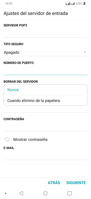 Pulsa Nunca para conservar los correos electrónicos en el servidor cuando los borras del teléfono. Pulsa Nunca para conservar los correos electrónicos en el servidor cuando los borras del teléfono.