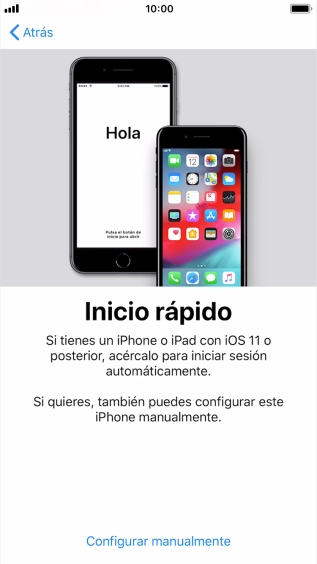 Sigue las indicaciones de la pantalla para transferir contenido de otro dispositivo iOS11 o con una versión más reciente o pulsa Configurar manualmente. Sigue las indicaciones de la pantalla para transferir contenido de otro dispositivo iOS11 o con una versión más reciente o pulsa Configurar manualmente.