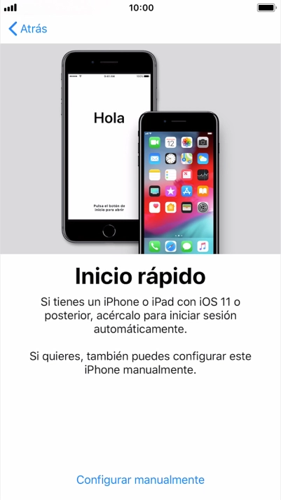 Sigue las indicaciones de la pantalla para transferir contenido de otro dispositivo iOS11 o con una versión más reciente o pulsa Configurar manualmente. Sigue las indicaciones de la pantalla para transferir contenido de otro dispositivo iOS11 o con una versión más reciente o pulsa Configurar manualmente.