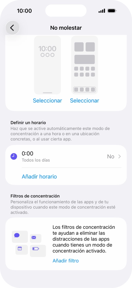 Pulsa Añadir horario y sigue las indicaciones de la pantalla para seleccionar los ajustes de la activación automática de No molestar.