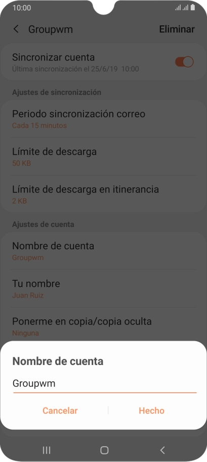 Introduce el nombre deseado de la cuenta de correo electrónico y pulsa Hecho. Introduce el nombre deseado de la cuenta de correo electrónico y pulsa Hecho.