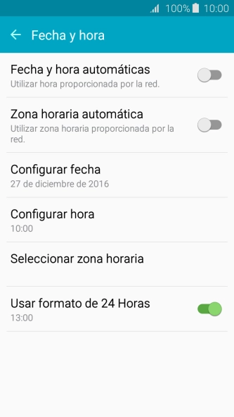 Pulsa Fecha y hora automáticas para activar la función. Pulsa Fecha y hora automáticas para activar la función.