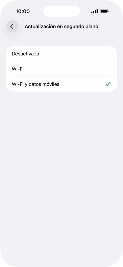Para desactivar la actualización de apps en ejecución, pulsa Desactivada. Para desactivar la actualización de apps en ejecución, pulsa Desactivada.