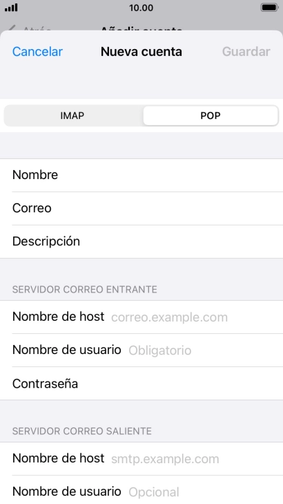 Pulsa Nombre de host e introduce el nombre del servidor de correo de entrada de tu proveedor de correo electrónico.