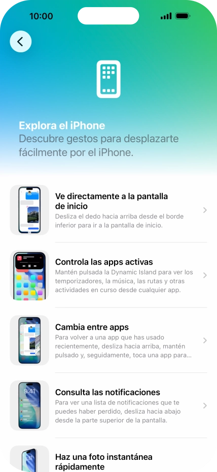 Desliza el dedo hacia arriba desde la parte inferior de la pantalla para terminar y volver a la pantalla de inicio. Desliza el dedo hacia arriba desde la parte inferior de la pantalla para terminar y volver a la pantalla de inicio.