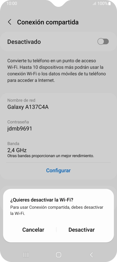 Si la función de wifi está activada, pulsa Desactivar. Si la función de wifi está activada, pulsa Desactivar.