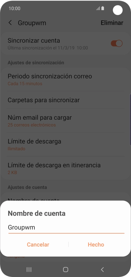 Introduce el nombre deseado de la cuenta de correo electrónico y pulsa Hecho. Introduce el nombre deseado de la cuenta de correo electrónico y pulsa Hecho.