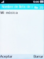 Introduce el nombre de la lista de reproducción y pulsa la tecla de selección izquierda. Introduce el nombre de la lista de reproducción y pulsa la tecla de selección izquierda.