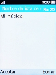 Introduce el nombre de la lista de reproducción y pulsa la tecla de selección izquierda. Introduce el nombre de la lista de reproducción y pulsa la tecla de selección izquierda.