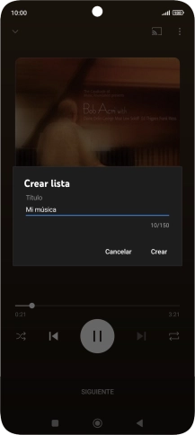 Introduce el nombre deseado de la lista de reproducción y pulsa Crear. Introduce el nombre deseado de la lista de reproducción y pulsa Crear.