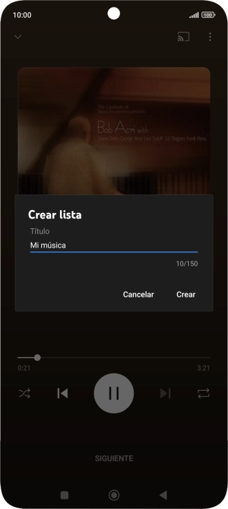Introduce el nombre deseado de la lista de reproducción y pulsa Crear. Introduce el nombre deseado de la lista de reproducción y pulsa Crear.
