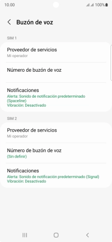 Pulsa Número de buzón de voz bajo la tarjeta SIM deseada. Pulsa Número de buzón de voz bajo la tarjeta SIM deseada.