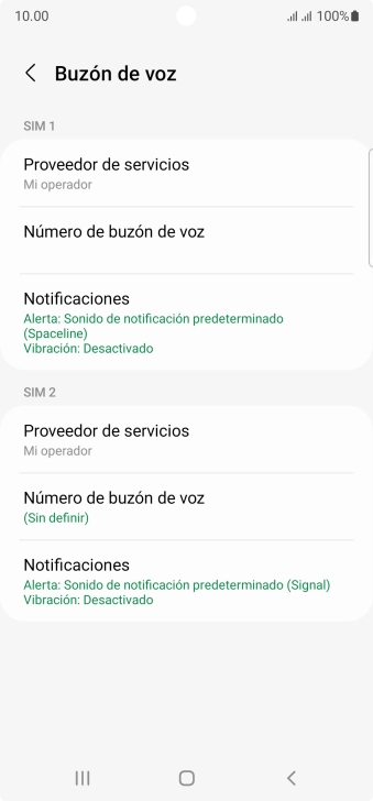 Pulsa Número de buzón de voz bajo la tarjeta SIM deseada. Pulsa Número de buzón de voz bajo la tarjeta SIM deseada.