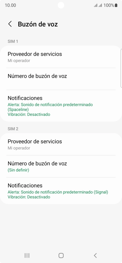 Pulsa Número de buzón de voz bajo la tarjeta SIM deseada. Pulsa Número de buzón de voz bajo la tarjeta SIM deseada.