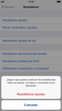 Pulsa Restablecer ajustes. Espera unos instantes mientras el teléfono restablece la configuración predeterminada. Sigue las indicaciones de la pantalla para configurar el teléfono y dejarlo listo para su uso.