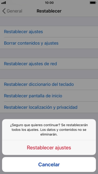 Pulsa Restablecer ajustes. Espera unos instantes mientras el teléfono restablece la configuración predeterminada. Sigue las indicaciones de la pantalla para configurar el teléfono y dejarlo listo para su uso.