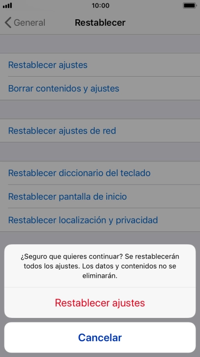 Pulsa Restablecer ajustes. Espera unos instantes mientras el teléfono restablece la configuración predeterminada. Sigue las indicaciones de la pantalla para configurar el teléfono y dejarlo listo para su uso.