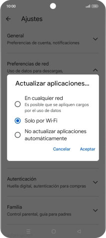 Para activar la actualización automática de apps utilizando la red móvil, pulsa En cualquier red. Para activar la actualización automática de apps utilizando la red móvil, pulsa En cualquier red.