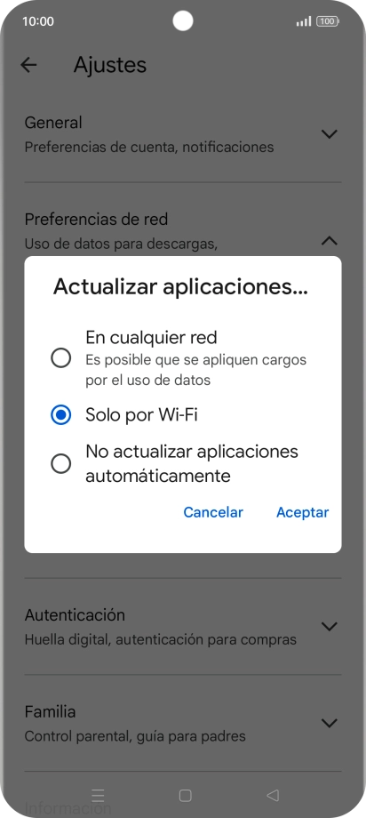Para activar la actualización automática de apps utilizando la red móvil, pulsa En cualquier red. Para activar la actualización automática de apps utilizando la red móvil, pulsa En cualquier red.