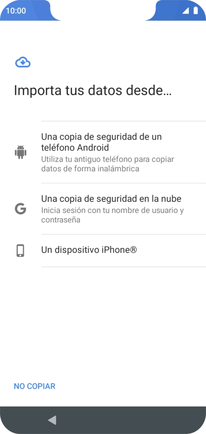 Pulsa la opción deseada y sigue las indicaciones de la pantalla para transferir contenido desde el otro teléfono y finalizar la activación de tu teléfono. Pulsa la opción deseada y sigue las indicaciones de la pantalla para transferir contenido desde el otro teléfono y finalizar la activación de tu teléfono.