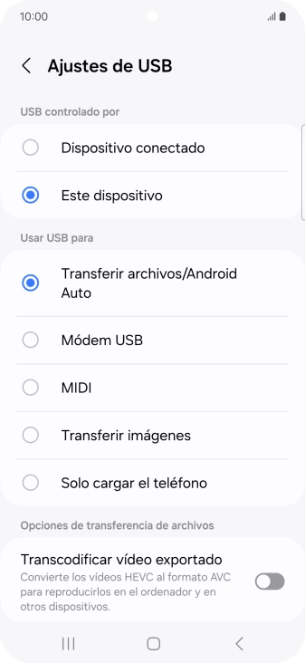 Pulsa Transferir archivos/Android Auto. Pulsa Transferir archivos/Android Auto.