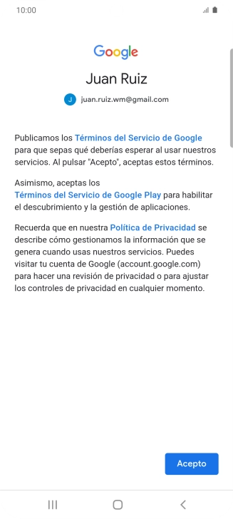 Pulsa Aceptar y sigue las indicaciones de la pantalla para seleccionar los ajustes de tu cuenta de Google. Pulsa Aceptar y sigue las indicaciones de la pantalla para seleccionar los ajustes de tu cuenta de Google.