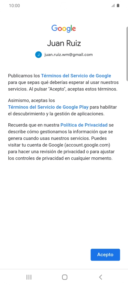 Pulsa Aceptar y sigue las indicaciones de la pantalla para seleccionar los ajustes de tu cuenta de Google. Pulsa Aceptar y sigue las indicaciones de la pantalla para seleccionar los ajustes de tu cuenta de Google.