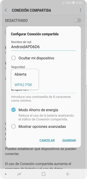 Pulsa WPA2 PSK para proteger la conexión wifi con una contraseña. Pulsa WPA2 PSK para proteger la conexión wifi con una contraseña.