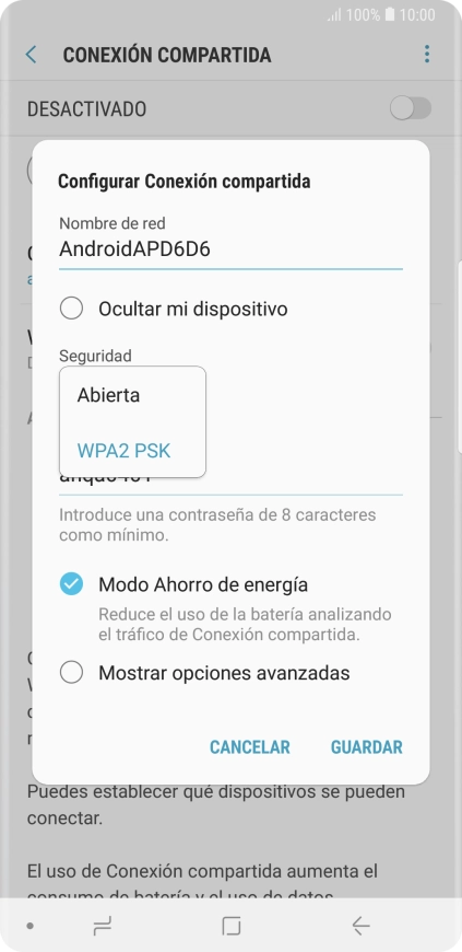 Pulsa WPA2 PSK para proteger la conexión wifi con una contraseña. Pulsa WPA2 PSK para proteger la conexión wifi con una contraseña.