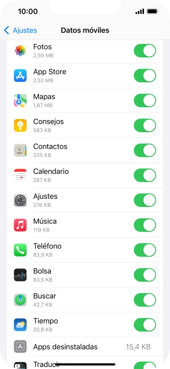 El consumo de datos por cada aplicación aparece bajo el nombre de la aplicación. El consumo de datos por cada aplicación aparece bajo el nombre de la aplicación.