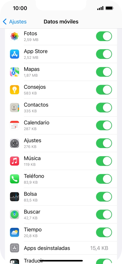 El consumo de datos por cada aplicación aparece bajo el nombre de la aplicación. El consumo de datos por cada aplicación aparece bajo el nombre de la aplicación.
