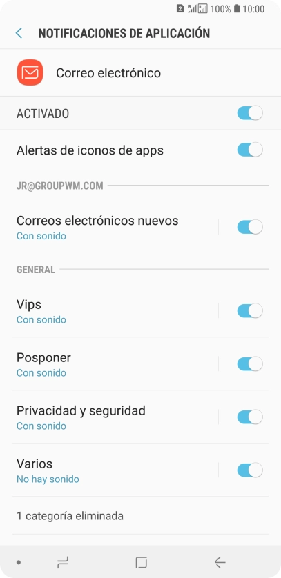 Pulsa el indicador bajo la cuenta de correo electrónico deseada para activar o desactivar la función.