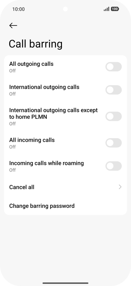 Press the indicator next to the required barring type to turn the function on or off.