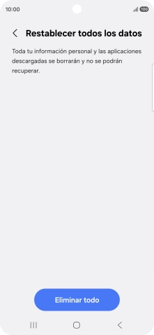 Pulsa Eliminar todo. Espera unos instantes mientras el teléfono restablece la configuración predeterminada. Sigue las indicaciones de la pantalla para configurar el teléfono y dejarlo listo para su uso. Pulsa Eliminar todo. Espera unos instantes mientras el teléfono restablece la configuración predeterminada. Sigue las indicaciones de la pantalla para configurar el teléfono y dejarlo listo para su uso.