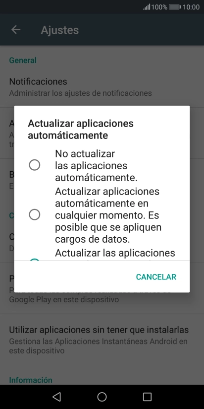 Para desactivar la actualización automática de apps, pulsa No actualizar las aplicaciones automáticamente.. Para desactivar la actualización automática de apps, pulsa No actualizar las aplicaciones automáticamente..