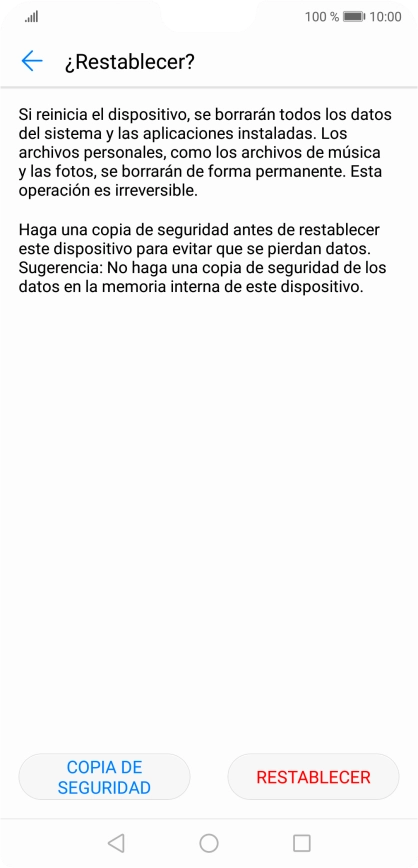 Pulsa RESTABLECER. Espera unos instantes mientras el teléfono restablece la configuración predeterminada. Sigue las indicaciones de la pantalla para configurar el teléfono y dejarlo listo para su uso. Pulsa RESTABLECER. Espera unos instantes mientras el teléfono restablece la configuración predeterminada. Sigue las indicaciones de la pantalla para configurar el teléfono y dejarlo listo para su uso.