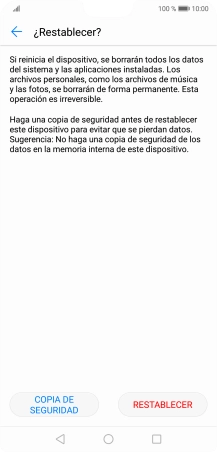 Pulsa RESTABLECER. Espera unos instantes mientras el teléfono restablece la configuración predeterminada. Sigue las indicaciones de la pantalla para configurar el teléfono y dejarlo listo para su uso. Pulsa RESTABLECER. Espera unos instantes mientras el teléfono restablece la configuración predeterminada. Sigue las indicaciones de la pantalla para configurar el teléfono y dejarlo listo para su uso.