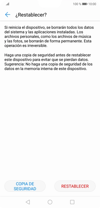 Pulsa RESTABLECER. Espera unos instantes mientras el teléfono restablece la configuración predeterminada. Sigue las indicaciones de la pantalla para configurar el teléfono y dejarlo listo para su uso. Pulsa RESTABLECER. Espera unos instantes mientras el teléfono restablece la configuración predeterminada. Sigue las indicaciones de la pantalla para configurar el teléfono y dejarlo listo para su uso.