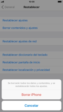 Pulsa Borrar iPhone. Espera unos instantes mientras el teléfono restablece la configuración predeterminada. Sigue las indicaciones de la pantalla para configurar el teléfono y dejarlo listo para su uso.