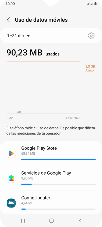 El consumo de datos por cada aplicación aparece bajo el nombre de la aplicación. El consumo de datos por cada aplicación aparece bajo el nombre de la aplicación.