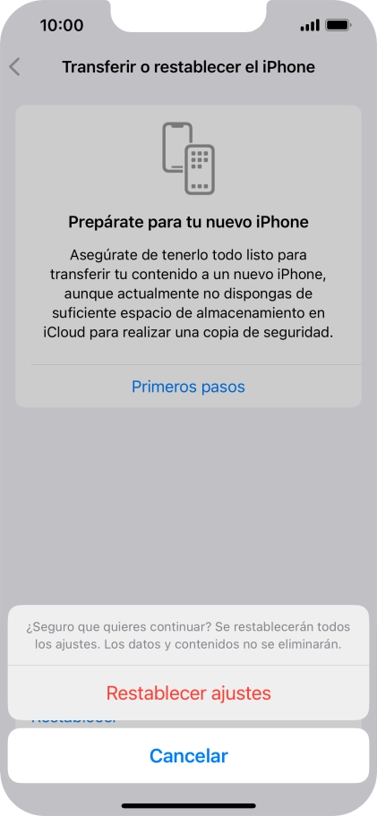 Pulsa Restablecer ajustes. Espera unos instantes mientras el teléfono restablece la configuración predeterminada. Sigue las indicaciones de la pantalla para configurar el teléfono y dejarlo listo para su uso. Pulsa Restablecer ajustes. Espera unos instantes mientras el teléfono restablece la configuración predeterminada. Sigue las indicaciones de la pantalla para configurar el teléfono y dejarlo listo para su uso.