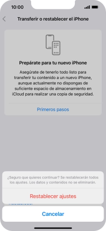 Pulsa Restablecer ajustes. Espera unos instantes mientras el teléfono restablece la configuración predeterminada. Sigue las indicaciones de la pantalla para configurar el teléfono y dejarlo listo para su uso. Pulsa Restablecer ajustes. Espera unos instantes mientras el teléfono restablece la configuración predeterminada. Sigue las indicaciones de la pantalla para configurar el teléfono y dejarlo listo para su uso.
