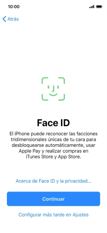 Sigue las indicaciones de la pantalla para activar el uso del reconocimiento facial (Face ID) o pulsa Configurar más tarde en Ajustes. Sigue las indicaciones de la pantalla para activar el uso del reconocimiento facial (Face ID) o pulsa Configurar más tarde en Ajustes.