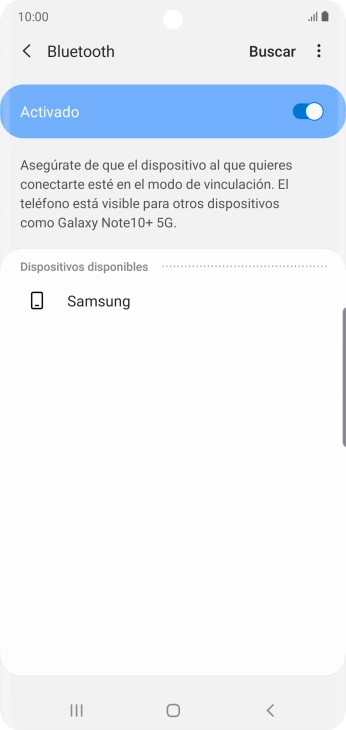 Pulsa el dispositivo Bluetooth deseado y sigue las indicaciones de la pantalla para vincular el dispositivo al teléfono. Pulsa el dispositivo Bluetooth deseado y sigue las indicaciones de la pantalla para vincular el dispositivo al teléfono.