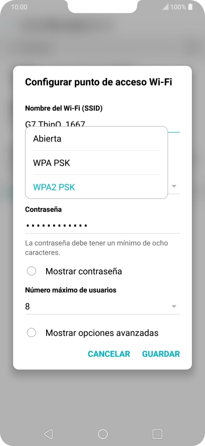 Pulsa WPA2 PSK para proteger la conexión wifi con una contraseña. Pulsa WPA2 PSK para proteger la conexión wifi con una contraseña.