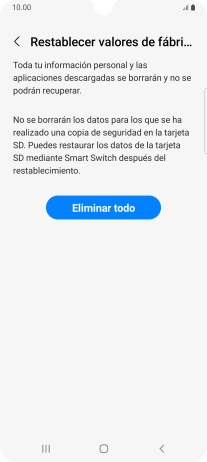 Pulsa Eliminar todo. Espera unos instantes mientras el teléfono restablece la configuración predeterminada. Sigue las indicaciones de la pantalla para configurar el teléfono y dejarlo listo para su uso. Pulsa Eliminar todo. Espera unos instantes mientras el teléfono restablece la configuración predeterminada. Sigue las indicaciones de la pantalla para configurar el teléfono y dejarlo listo para su uso.